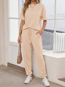 Women's Two-Piece Suit Short-Sleeved Pullover With Drawstring Trousers Sportswear Casual Jogging Suit - Màu be - Xem 4