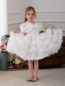 小女孩白色吊带露肩亮片手工串珠网纱优雅圣诞派对A字连衣裙，公主裙，适合女孩生日派对、宴会、舞会、婚礼花童、复活节、毕业典礼等场合 - 白色 - 查看 8