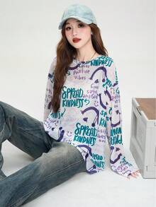 JUTU Spring/Summer White Round Neck Loose Contrast Letter Graffiti Mesh Lightweight Breathable Long Sleeve Casual Pullover Cover Up - 0B02 - View 5