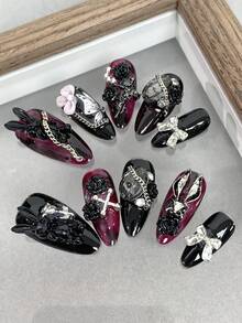 杏仁形黑色辣妹风手工美甲贴，适合日常、派对、聚会和舞会等场合。美甲用品 - 彩色 - 查看 4