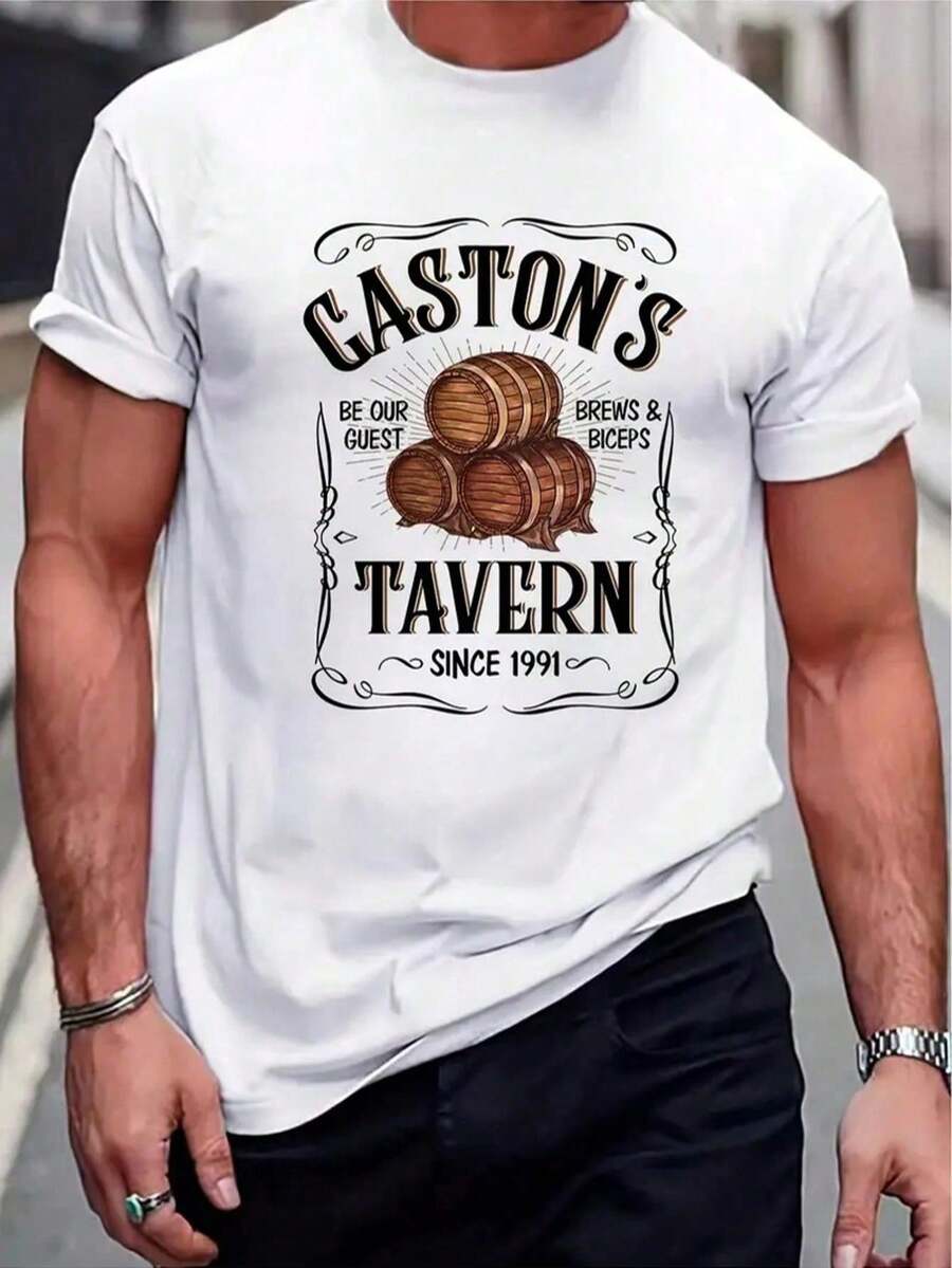 [Gaston's Tavern Cotton T-Shirt]Gaston's Tavern Men Casual T-Shirt - Cotton, Comfortable, Breathable - Knit, Round Collar, Microelastic - Suitable For Daily Outdoor Use, All Seasons, Summer Shirt, Father's Day Gift - 白色 - 查看 1