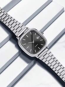 3-Piece Elegant Men's Silver Watch Set, Including 1 Square Black Dial Quartz Watch (Silver Metal Strap), 1 Silver Chain Bracelet, And 1 Black PU Leather Wallet. The Overall Style Is Steady And Graceful, Showcasing Fashionable Charm. - Silver - View 4