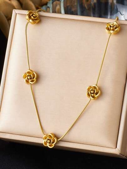 1 pieza de accesorio de collar de acero inoxidable con flor de rosa tridimensional simple y de moda, estilo retro