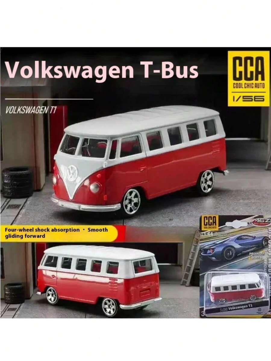 1:56 Scale Volkswagen T1 Bus Alloy Car - Red/Green, Toy Cars For Boys & Girls, Smooth Gliding With Hand-Held Handle, Adult Collection, Holiday Gift, Decorative Ornament - Multicolor - View 1