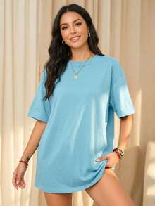 Maglietta casual da donna con vestibilità ampia e tinta unita, spalle scoperte, versatile per uso quotidiano, vacanze e pendolarismo, adatta per l'estate - celeste - Visualizzare 4