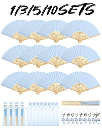 Set de 3/15/30 piezas, Abanico plegable azul con bolsa de regalo, tarjeta de agradecimiento, abanico plegable de bambú para novia, para fiesta individual, decoración de boda y fiesta de damas de honor, accesorio de foto, regalo de damas de honor y decoración de boda, regalo de boda perfecto, decoración de boda, ideal para fiestas y eventos, accesorio de verano perfecto, abanico plegable para damas