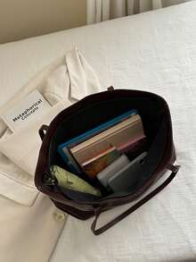 2pcs Women Black Quilted Lining Shoulder Tote Bag, Fashion Large Capacity Combination Handbag With Snap Closure, Casual Street Style For Photography, Daily Commute - Coffee Brown - View 4