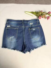 Plus Size Women's Distressed Denim Shorts, Straight Leg Mini Style, Suitable For Summer Wear With Ripped Details Casual - Blue - View 6