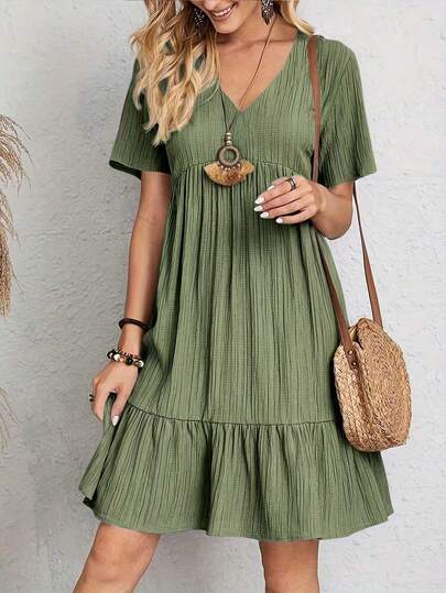 Plus Size Women V-Neck Solid Color Elegant Slimming Casual Loose Short Sleeve Dress