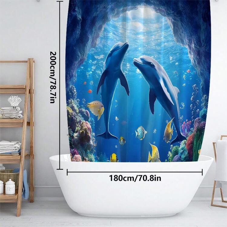 1件/3件/4件装海底世界海豚多功能浴室装饰浴帘套装，赠送12个挂钩，营造优雅假日氛围，包含浴室地垫、U型地垫和圆形马桶垫，适用于各种浴室场景。 - 彩色 - 查看 11