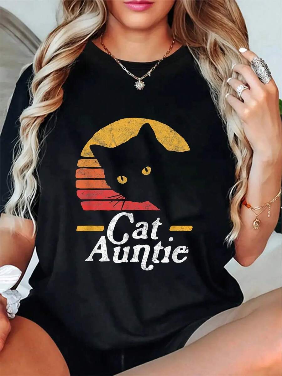 100% Cotton Unisex Cat Aunt Vintage Eighties Style Sun Cat Retro Distressed T-Shirt Wo Soft Crew Neck Tee Summer Tops Printing Short Sleeve T-Shirt - 黑色 - 查看 1