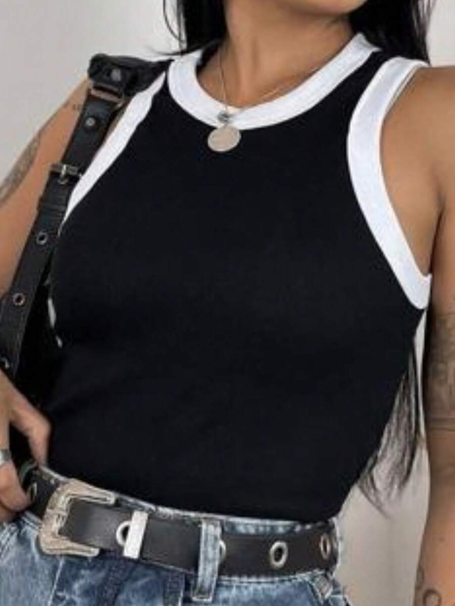 Women's Two-Tone Tank Top In Rib Knit Fabric – The Color Of The Year, Stylish For Carnival, Comfortable And Easy To Match, The Current Favorite. - Đen và trắng - Xem 1