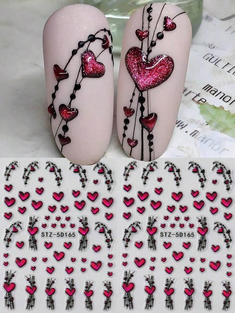2pcs 5D Stereoscopic Heart Nail Stickers, Valentine's Day Red Heart Line Doodle Nail Art Stickers, New Year Nail Art Supplies, Wedding Nail Jewelry Decorations - 彩色 - 查看 1