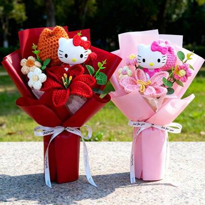 三丽鸥Hello Kitty手捧鲜花摆件，Hello Kitty创意仿真玫瑰花，Hello Kitty家居婚礼装饰，汽车内饰桌面摆件，适合毕业典礼、婚礼回礼、圣诞节、情人节、新年礼物