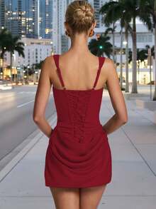 Fashionable Sexy Elegant Short Camisole Mini Bodycon Dress, Summer Pleated Party Dress, Wine Red Lace Backless Cocktail Evening Gown, Women - Burgundy - View 11