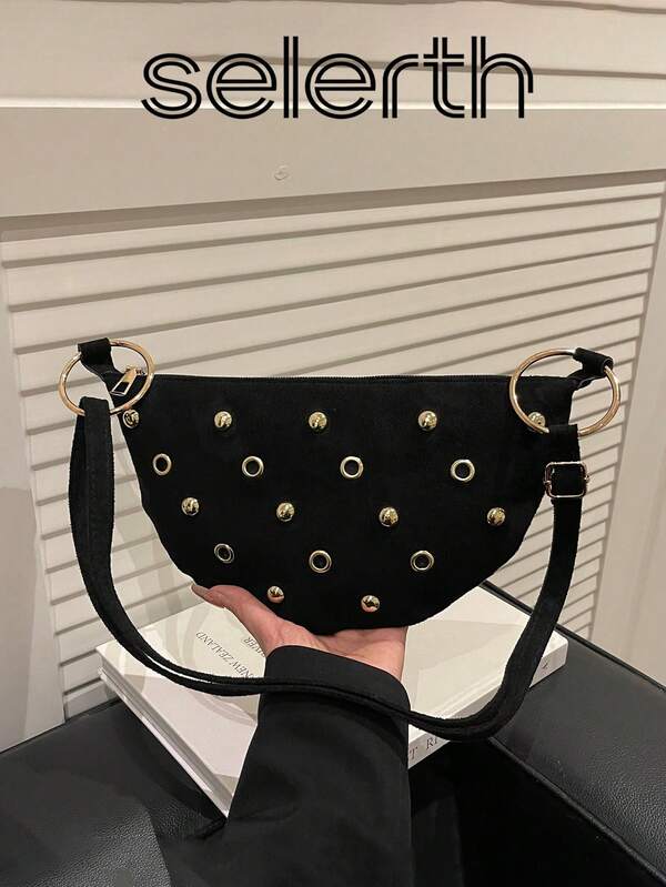 1pc Black Suede Retro Quilted Metal Eyelet Rivet Embedded Hardware Crescent Crossbody Bag, Elegant Minimalist Design, Comfortable Strap, Smooth Zipper, Lightweight, Suitable For Festivals, Shopping, Dates, Gifts, Ideal For Women, Teens, College Girls, Beginners, And Office Workers, Perfect For Office, University, Work, Business, Commuting, Outdoor, Dates, Going Out, Portable