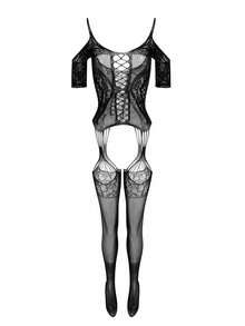 Women's Sexy Sheer Crotchless Bodystocking Suspender Tight Hollow-Out Jacquard Lingerie - Black - View 6