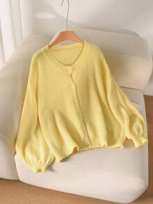 Pretty and Ole Cardigan basique jaune à col rond, ample et décontracté, grande taille - Jaune citron - Voir 7