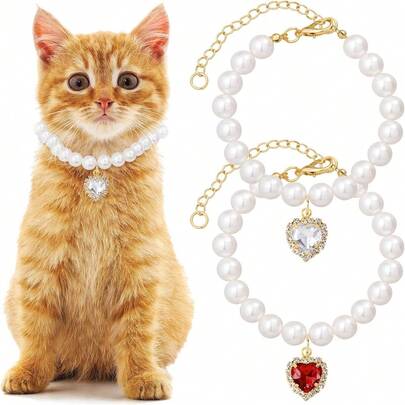 2pcs Faux Pearl Cat & Dog Necklaces, Heart-Shaped Crystal Pendant, Elegant Pet Collars, Suitable For Small, Medium And Large Pets, For Daily Or Holiday Wear