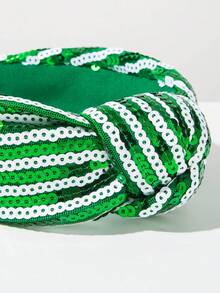 1件圣帕特里克节绿色叶子亮片宽结发箍，适合女士派对庆祝装扮 - 亮片白綠 - 查看 2