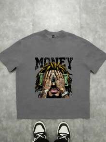 Men's T-Shirt, Casual Loose Fit, Street Hip-Hop Dollar Sign Pattern T-Shirt, Casual Short-Sleeved Crewneck Top, Machine Washable, Suitable For All Seasons, Comfortable To Wear, Unique Pattern T-Shirt, Fit And Comfortable. Loose Fit, Casual Clothing, Top, Men's T-Shirt, Halloween, Casual, Christmas - 灰色 - 查看 6