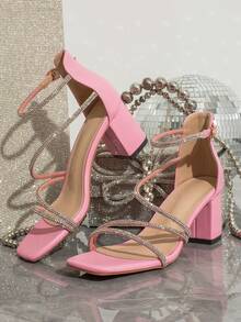 Sandal Hak Tinggi Tebal Ujung Persegi Berhiaskan Rhinestone, Elegan dan Anggun, Cocok untuk Jamuan dan Pesta, Modis dan Serbaguna, Pakaian Musim Semi dan Musim Panas - Berwarna merah muda - View 6