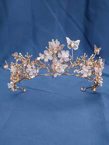 新娘森林风蝴蝶花冠，红色水晶珍珠镀金发饰，复古公主巴洛克婚礼皇冠，头饰，头冠，头饰 - 彩色 - 查看 9