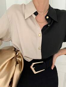 Camisa de mujer Camisa de manga larga de una sola botonadura para mujer, inspirada en la moda vintage chic coreana, con diseño en colores mezclados, ideal para el otoño. Camisa de manga larga de gasa para mujer, elegante y versátil, con diseño en colores mezclados y bloques de color, inspirada en la moda vintage. - Negro - Ver 5