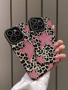 1个时尚豹纹底粉色星形图案竖款仿皮纹理防震高端软硅胶手机壳，适合作为生日、节日礼物送给朋友、家人、情侣，适用于 17/17 Air/17 Pro/17 Pro Max、16/16 Plus/16 Pro/16 Pro Max、15/15 Plus/15 Pro - 彩色 - 查看 4