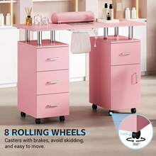 computadora de uñas para tecnología de uñas, Mesa de manicura con colector de Polvo y reposamanos, estación de uñas con armarios de Almacenamiento, 4 cajones y Ruedas con Cerradura para - Rosa - Ver 6