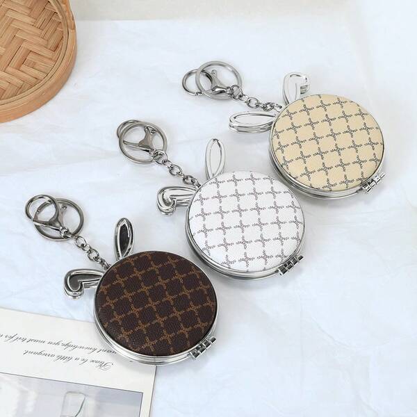 Rabbit Round Mirror,Handheld Double-Sided Makeup Mirror,Keychain Portable Folding Makeup Mirror,Cute Non Fragile Pocket Mirror