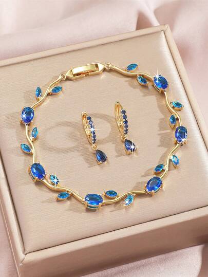  3pcs Cubic Zirconia Wedding Jewelry Set, Bride Cubic Zirconia Leaf Eye Tennis Bracelet And Teardrop Earrings For Women, Available In Multiple Colors Such As Pink Earrings And Pink Bracelet