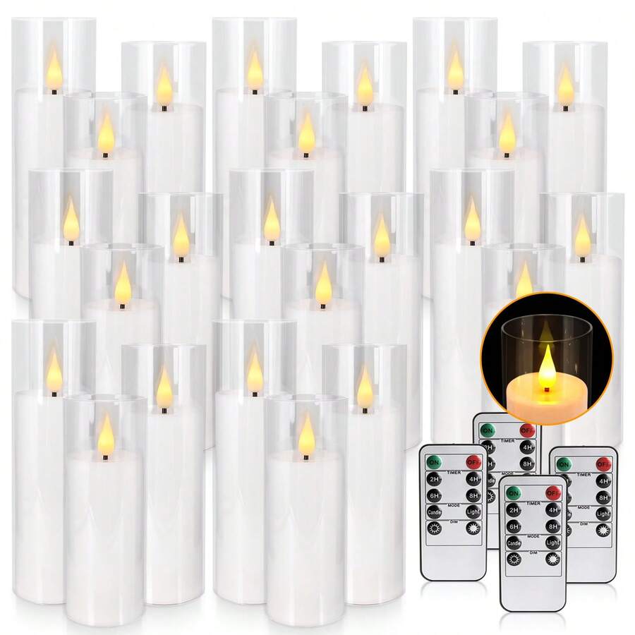 24 Acrylic Transparent Flameless LED Candle Lights, 3 Sizes, 10 Key Remote Control And 24-Hour Timer, Battery Powered, Adjustable Brightness, Perfect For Making Wishes, Wedding Tables, Room Decoration, Halloween, Easter, Father's Day - 白色 - 查看 1