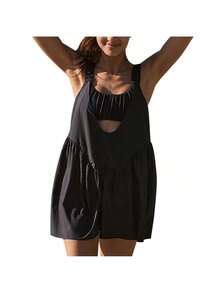 Women's Tennis Dress Cutout Loose Sleeveless Athletic Dresses With Built In Bra And Shorts Set For Workout Golf Dress - Black1 - 查看 1