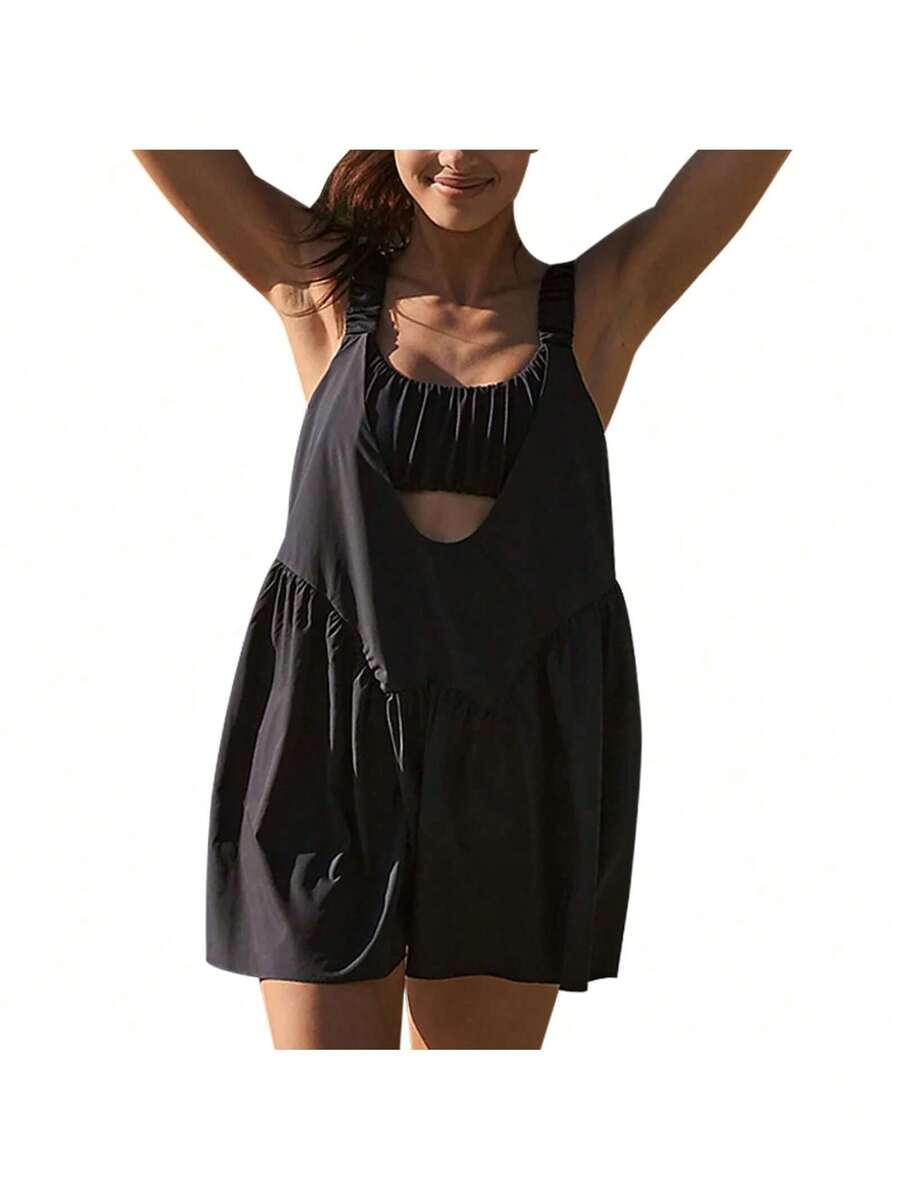 Women's Tennis Dress Cutout Loose Sleeveless Athletic Dresses With Built In Bra And Shorts Set For Workout Golf Dress - Black1 - 查看 1