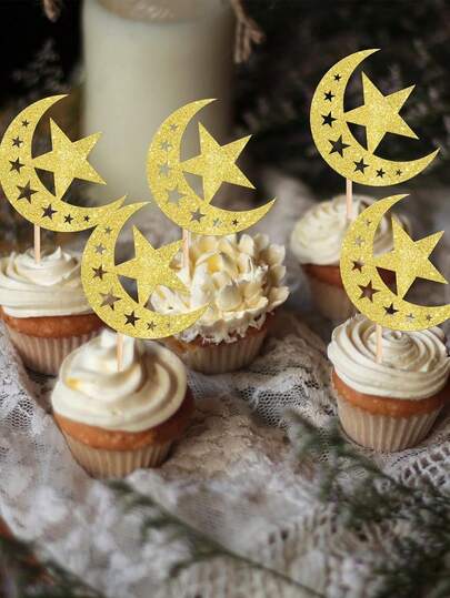 12/24pcs Shiny Moon & Star Shaped Cupcake Toppers, Party Supplies, Moon & Star Cake Decorations, Shiny Star Cupcake Decorations, Gold Theme Party Cake Decorations, Birthday Party Cake Decorations