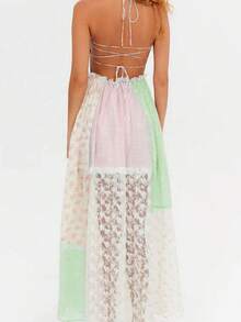 Halter Long Dresses For Women Summer Fashionable Patchwork Lace Trim Tie Up Sleeveless Dress - 綠色 - 查看 2