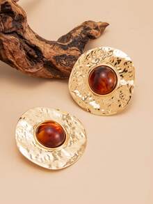 1对复古金属不对称几何圆形耳环，奢华几何树脂宝石耳钉，女士日常派对和节日装饰首饰 - 金黃色 - 查看 3