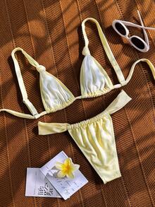 Bikinx 女士纯色三角杯系带比基尼套装，采用闪亮弹力面料制成 - 非常适合夏季海滩度假 - 黃色 - 查看 3