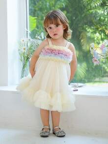 女婴蝴蝶结网眼公主派对礼服，适合儿童生日、花童、婚礼、庆典、派对、节日庆典 - 杏色 - 查看 8
