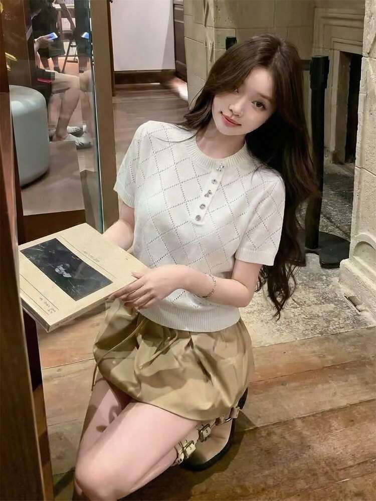 Summer Beige Argyle Hollow-Out Knit Top - Elegant Pure Yurty Sweet Casual Street Y2K Short-Sleeve Crew Neck Half-Button Bow Detail Slim-Fit Crop Ladies Knit Top | For Young Ladies, Ladies, Sweet Girls, Y2K Girls & Hot Girls, Perfect For Valentine's Day/Women's Day/Mother's Day/Casual Hangout/Beach Vacation/Party Gathering/Back To School/Wedding Season/Music Festival/2026 Coquette Argyle Knit Top - Milky White - View 2