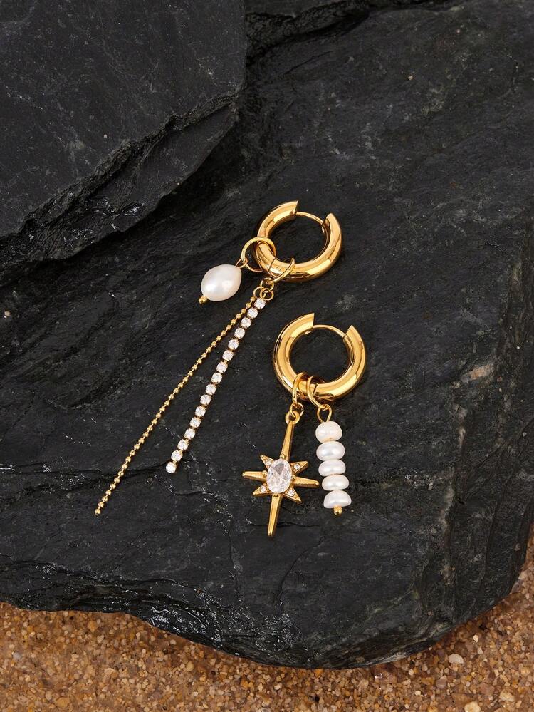 Opalesca 2 chiếc khuyên tai hình ngôi sao bát giác bằng thép không gỉ đính ngọc trai giả không đối xứng và đá zirconia độc đáo sáng tạo dành cho phụ nữ, phong cách Châu Âu và Châu Mỹ - bông tai - Xem 3