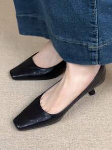 法式方头浅口细跟高跟鞋，简约高端通勤女鞋，优雅真皮高跟鞋，春秋季 - 黑色 - 查看 7