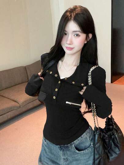 Stylish & Chic Long Sleeve T-Shirt For Women, Slim Fit Pullover Undershirt