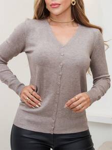 Women's Long-Sleeved Knit Blouse With Buttons, Lightweight Winter Cardigan, 3RD SD2071 - 卡其色 - 查看 2