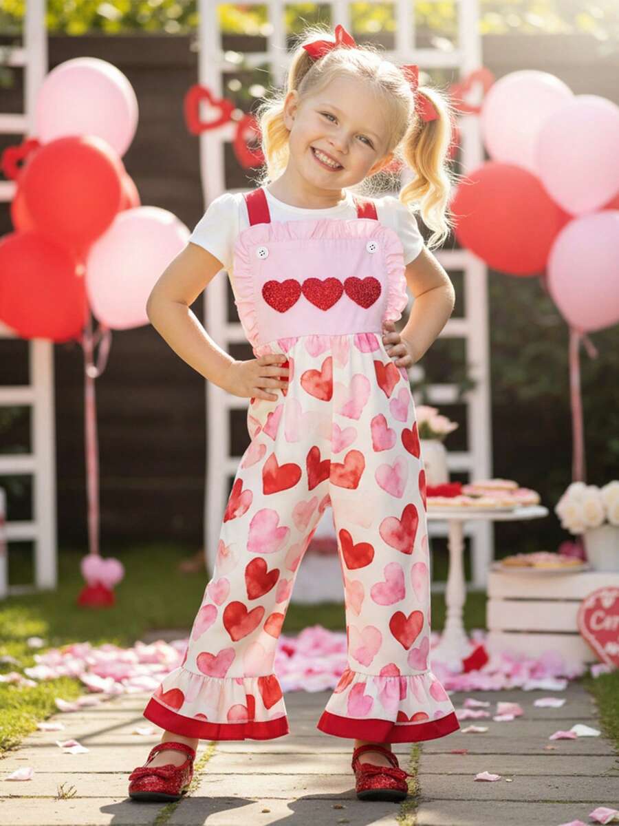 Valentine's Day Baby Girls Overalls Cute Heart Embroidery Sleeveless Square Neck Bell Bottoms Jumpsuit - Red - View 1