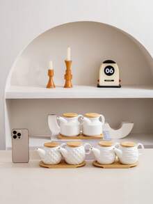 1 Set White Ceramic Kitchen Storage Jars & Spice Rack With Bamboo Tray, Ceramic Spice Jars With Natural Bamboo Lids, Creative Nordic Style Diamond & Wave Pattern, Suitable For Hotel, Restaurant, Home Kitchen Seasoning Bottles, Oil, Vinegar, Spices - White - View 8