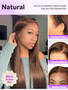 棕色无胶假发，真人发，预先拔毛，预先剪裁，6x5巧克力棕色蕾丝前假发，200%密度，佩戴方便，棕色真人发假发，26英寸，女士款 - S4 - 查看 8