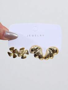 1-6 Pairs Of New Popular Earrings, Sweet And Cute Style, Bow Tie Strap Earrings, With Textured Round Ball Heart Shape, Made Of High-Quality Resin Material, Suitable As Valentine's Day Gift For Girlfriend. - Gold - View 2