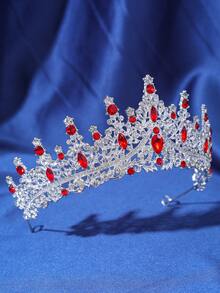 1 pièce Couronne semi-circulaire de luxe avec décoration de strass, couronne de mariée pour mariage et fête, royale pour femmes, couronnes, tiare, couronne de costume, guirlande de cheveux, couronne de tête - Rouge - Voir 4